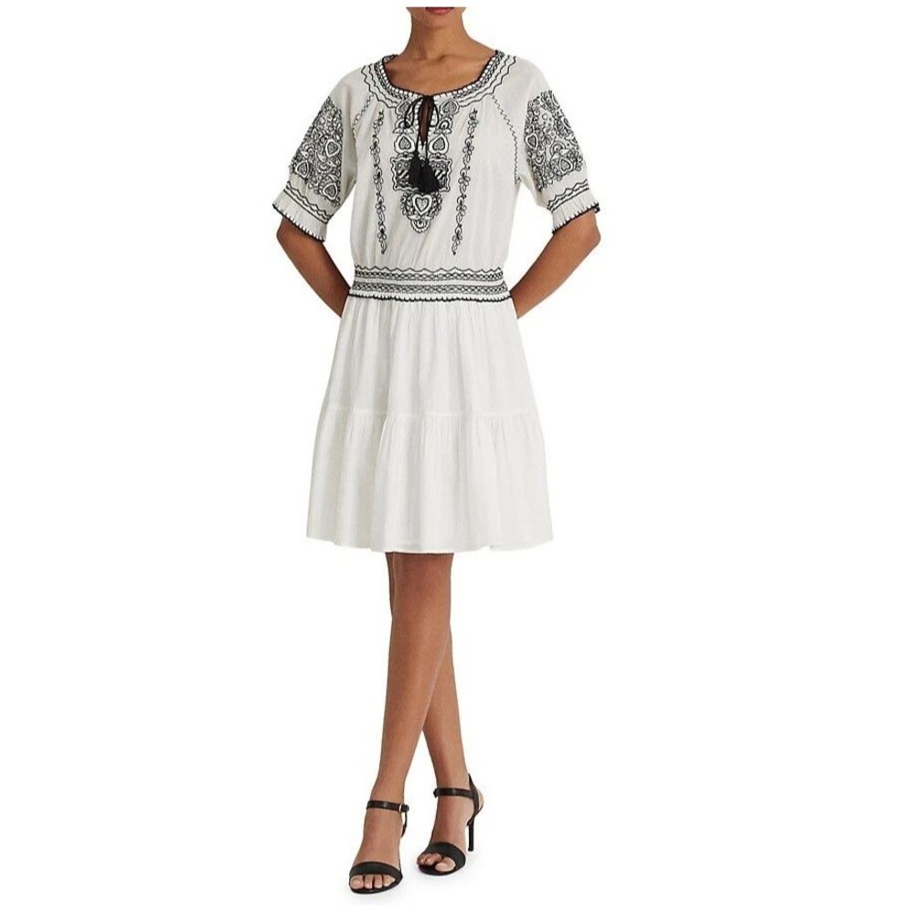 Lauren Ralph Lauren White Midi Dress with Black Embroidery and Tassel Tie